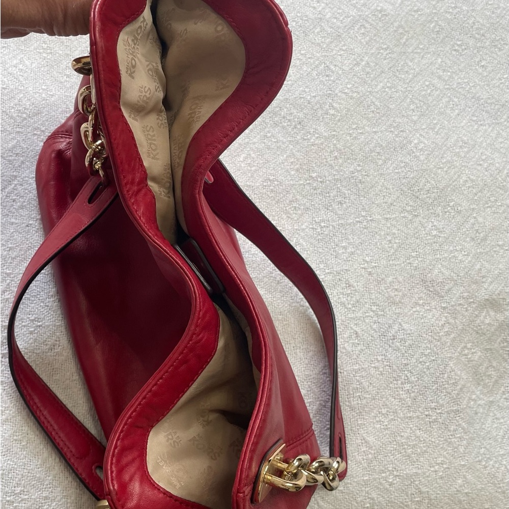 Michael Kors Red Leather Shoulder Hobo with Gold Double Chain Strap - Picture 7 of 15